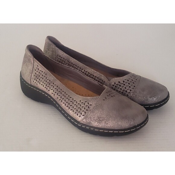 Clarks Womens Cora Iris Ballet Flat Pewter Metallic Textile Comfort Shoe Sz 8.5 - Picture 1 of 15